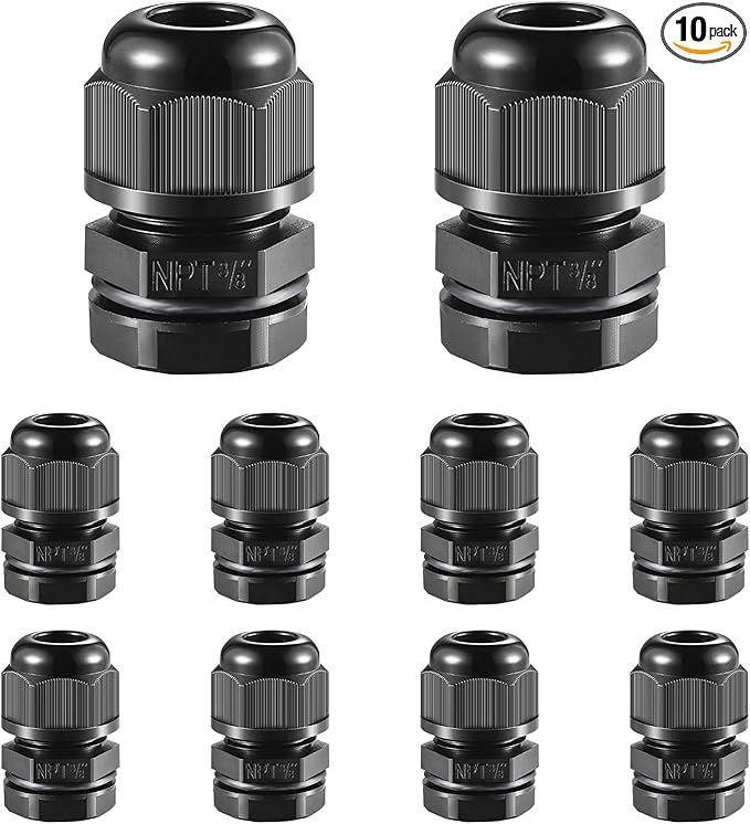 10 PCS 3/8"(5-10mm) NPT Nylon Cable Gland Joints with Gaskets, IP68 Adjustable Lock Nut Strain Relief Cord Grip Waterproof Cable Glands - UL Listed and RoHS Compliant