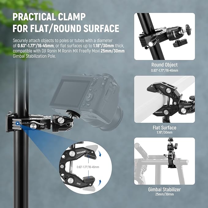 Neewer Super Clamp with Ballhead, Cold Shoe, Phone Holder and Action Camera Mount Adapter for Flat/Round Surface Compatible with GoPro DJI iPhone 15 Pro Max, ST87