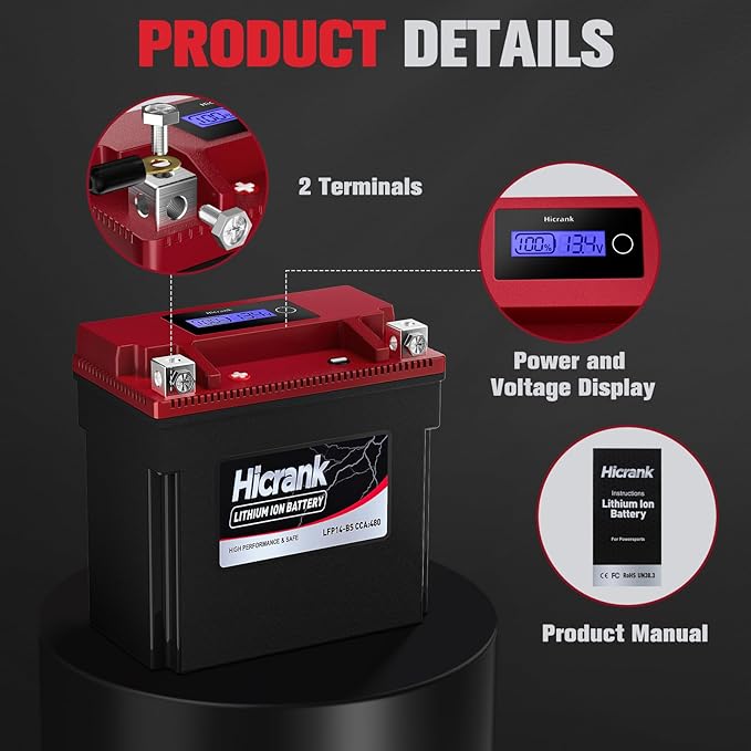 YTX14-BS, 400CCA, Lithium LiFePO4 Motorcycle Battery, Digital Readout,Fits for Kawasaki Ninja ZX-14R,Apirilia 850cc Scooter,Yamaha 660 cc ATV,Apex 1000cc Snowmobile,Honda Pioneer series UTV