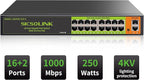 18 Ports PoE Switch, 16 Gigabit PoE+Switch with 2 Gigabit Uplink, 1000 Mbps, Fanless Silent Operation, 250W, 802.3 af/at, Unmanaged, 19''Rackmount, Qos, Suitable for POE Camera System, AP, WiFi