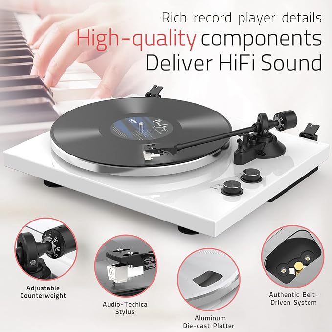 Turntables Record Player for Vinyl with Wireless Output Connectivity Belt-Drive 33 45 RPM Speed Phono Line USB Digital to PC Recording MM Audio Cartridge Stylus Adjustable Counterweight Piano White
