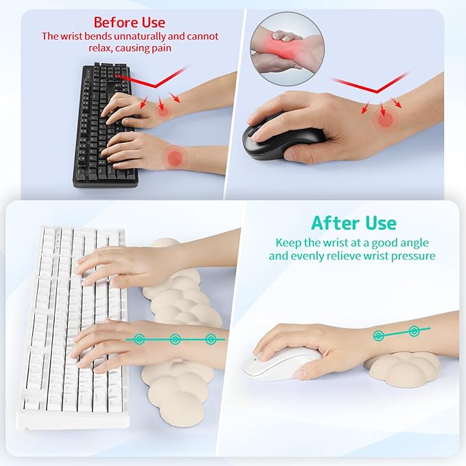 Cloud Wrist Rest for Keyboard and Mouse, Memory Foam PU Leather Keyboard Wrist Rest with Ergonomic Support, Non-Slip Base, Cute Arm Rest Pad & Palm Cushion, Office Desk Accessory, Beige