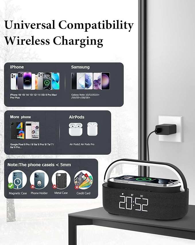 COLSUR Bluetooth Speaker with Wireless Charger, FM Radio, Dimmable LED Night Light, Stereo Sound Dual Wireless Speakers, 2500mAh Portable Speaker for Home Decoration, Bedroom, Office, Gift