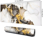 Galdas Large Mouse Pad XXL XL Large Mouse Pad Long Extended Mousepad Desk Pad Non-Slip Rubber Mice Pads Stitched Edges Thin Pad (31.5x11.8x0.12 Inch)-Ink White Gold Marble