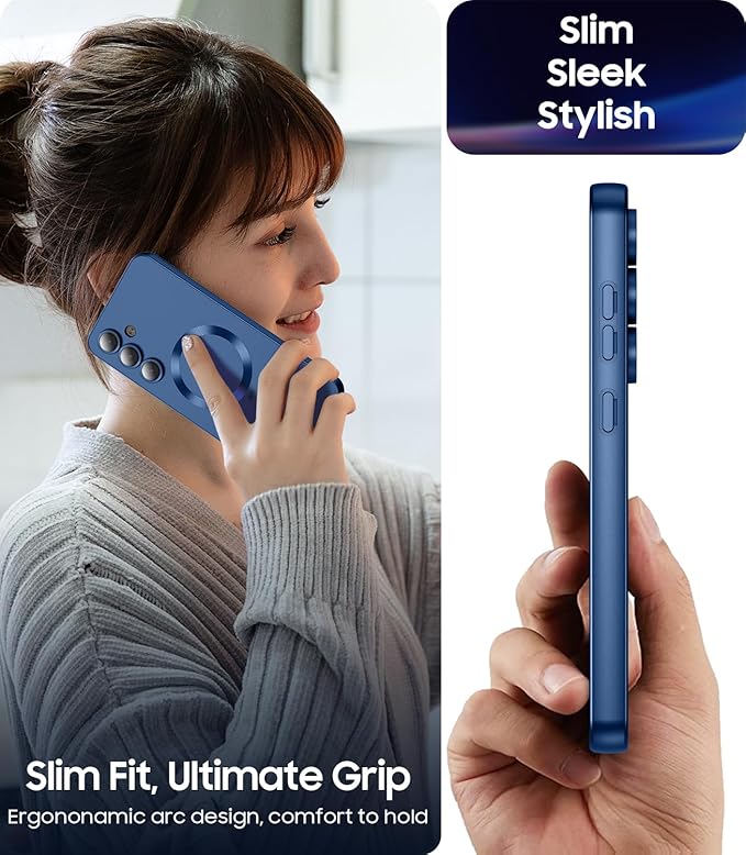 Magnetic for Samsung Galaxy S24 Case [Compatible with MagSafe][Built-in Camera Lens Protector] Slim Soft Silicone Bumper Shockproof Metallic Luster Phone Case (Blue)
