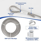 TooTaci 3/16" Stainless Steel Cable, 100ft Wire Rope with Aluminum Crimping Sleeve&Thimbles, 7x19 Strands, 3700lbs Breaking Strength Heavy Duty Aircraft Cable for Zipline, Deck Railing, Shade Sail