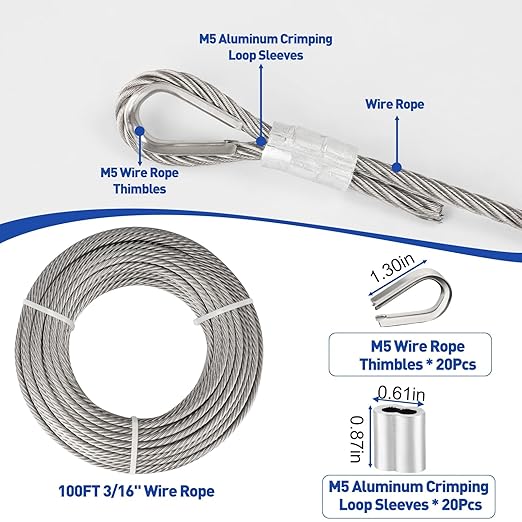TooTaci 3/16" Stainless Steel Cable, 100ft Wire Rope with Aluminum Crimping Sleeve&Thimbles, 7x19 Strands, 3700lbs Breaking Strength Heavy Duty Aircraft Cable for Zipline, Deck Railing, Shade Sail