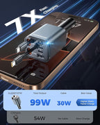 SUPERONE 6 in 1 Retractable Car Charger with Dual Type C Cables, 99W Ultra-Compact USB C Car Accessories Adapter with 4 USB Ports, Fast Charging Car Charger for iPhone 16/15/14/13/12, Galaxy, iPad