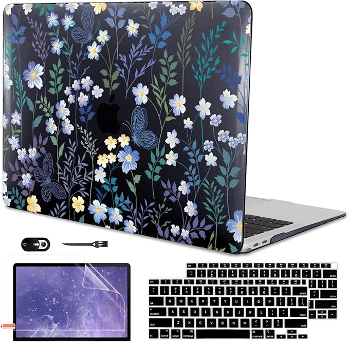 for M1 MacBook Air 13 Inch Case 2021 2020 2019 2018 Release M1 A2337 A2179 A1932 Cover with Retina Display & Touch ID, Printed Pattern Plastic Hard Shell Case, Meadow Wildflower Black