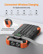 GOODaaa Solar Power Bank, 42800mAh Portable Charger 20W Fast Charging External Battery Pack Built in 4 Cables, Wireless Charging Power Bank for Apple Watches with Flashlight, Carabiner,Thermometer