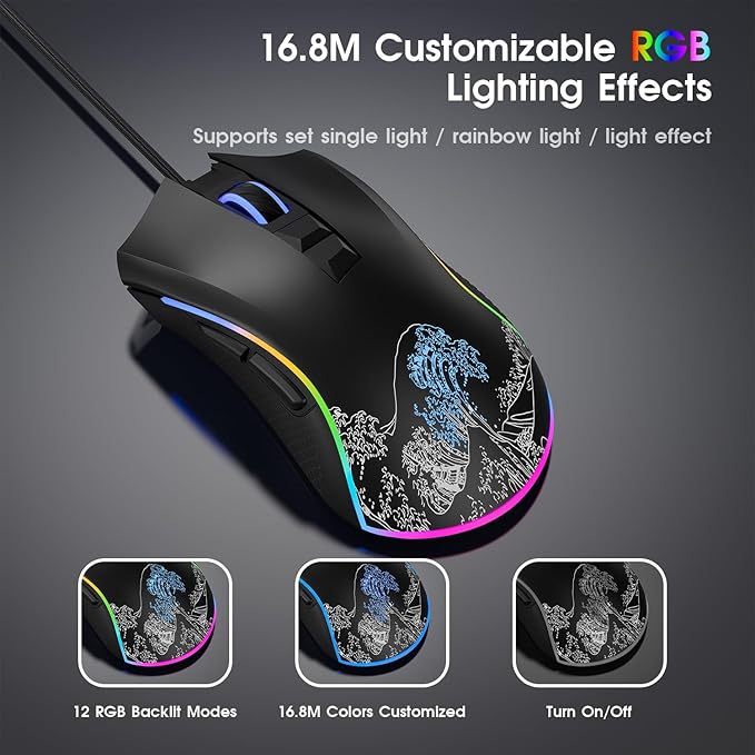 HITIME XVX Wired Gaming Mouse, 12000 DPI RGB Mouse with 12 Backlit Modes & 7 Macro Buttons, Gaming Mice Support DIY Keybinding, Gamer Computer Mice for Laptop PC Mac Windows, Wave