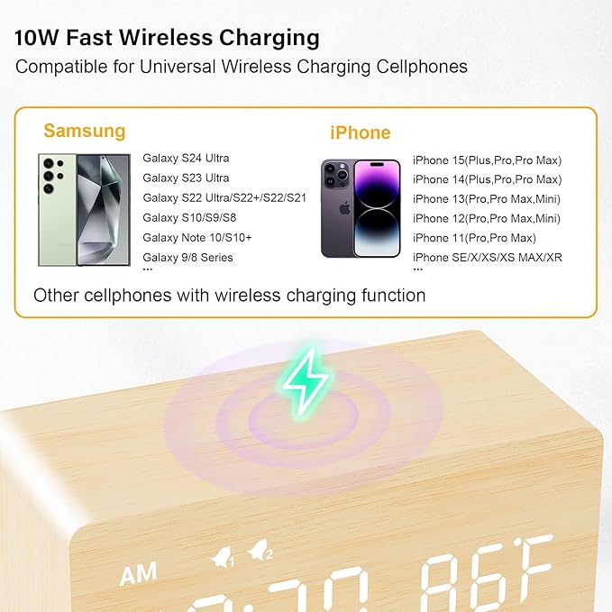 MOSITO Digital Wooden Alarm Clock with Wireless Charging, 0-100% Dimmer, Dual Alarm, Weekday/Weekend Mode, Snooze, Wood LED Clocks for Bedroom, Bedside, Desk, Kids (Bamboo)