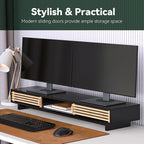 Dual Monitor Stand Riser with Sliding Door, Double Computer Laptop Stand Desk Shelf Organizer with Storage (Black + Natural Bamboo, 38 Inch)