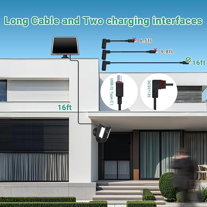 2-Pack Solar Panel Charger for Ring Camera, 8W High-Efficiency - Compatible with Ring Spotlight & Stick Up Cam Pro/Plus, 16ft Long Cable, 3.5mm to USB-C Adapter, IP65 Waterproof, Black