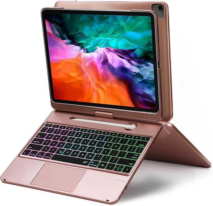Keyboard Case for iPad Pro 12.9 inch 6th Generation 2022 5th 2021/4th 2020/3rd 2018 Gen,360 Rotatable Wireless Folio 180 Swivel Stand Hard Cover Rose Gold