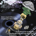 BASN Bmaster5 in Ear Monitors, 5 Drivers Drummer Headphones with Powerful Bass, Noise Isolation IEM Earbuds with Detachable MMCX Sliver-Plated OFC Cable for Musicians (Midnight Black, MMCX)