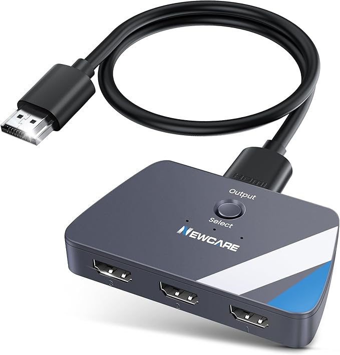 NEWCARE HDMI Switch 3 in 1 Out, 4K@60Hz HDMI 2.0 Switch with 2.6FT HDMI Cable, 3-Port HDMI Switcher Selector, Supports 4K 30Hz 3D 1080P HDCP2.2 for PS5 Xbox DVD Player Fire Stick PC, Grey