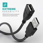 Long USB Extension Cable 10FT - Male to Female Data Transfer Adapter and Charging for Laptop, PlayStation, Xbox, Flash Drive - Black