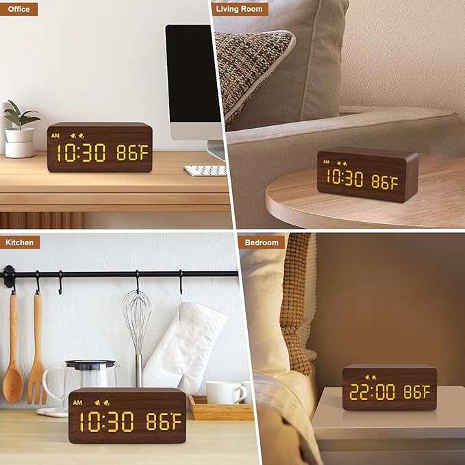MOSITO Digital Wooden Alarm Clock with Wireless Charging, 0-100% Dimmer, Dual Alarm, Weekday/Weekend Mode, Snooze, Wood LED Clocks for Bedroom, Bedside, Desk, Kids (Brown)