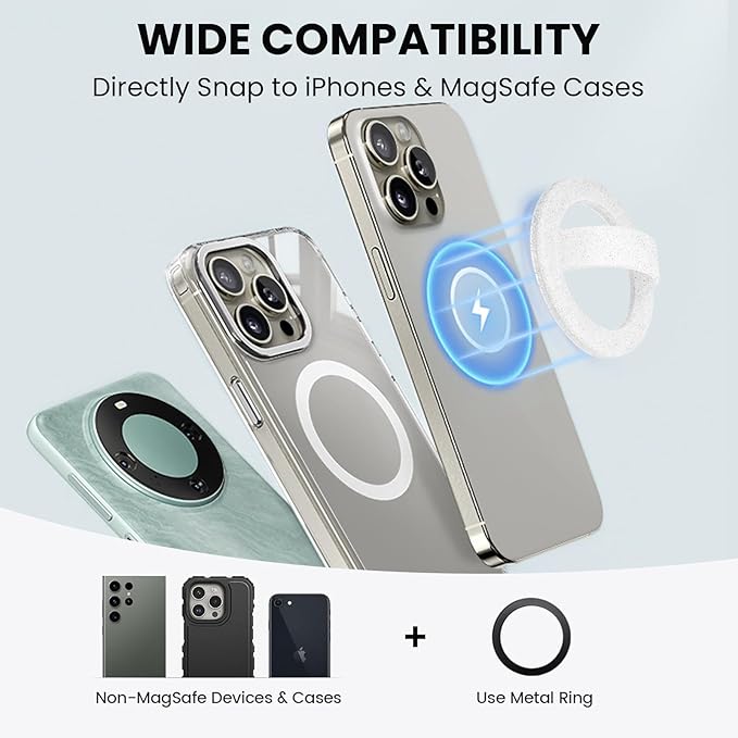 Magnetic Silicone Ring Grip Phone Holder, Loop Grip, Compatible with Magsafe for iPhone 12 Series (White sparkle)