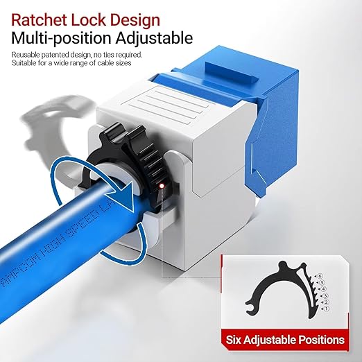 AMPCOM CAT6 RJ45 Keystone Jack - Reusable UTP Ethernet Wall Jack with Adjustable Ratchet Lock Design, No Tool and Zip Tie Required - 50u Gold Plated - Blue (12-Pack)