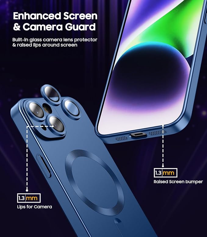 Magnetic for iPhone 14 Plus Case [Compatible with MagSafe][Built-in Camera Lens Protector] Slim Soft Silicone Bumper Shockproof Metallic Luster Phone Case (Blue)