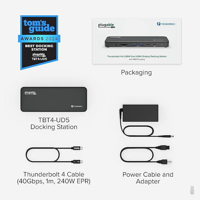 Plugable Thunderbolt 4 Dock with 100W Charging, Thunderbolt Certified, Laptop Docking Station Dual Monitor Single 8K or Dual 4K HDMI for Windows and Mac, 4X USB, Gigabit Ethernet (TBT4-UD5)