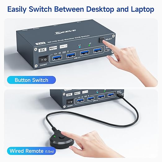 HDMI Displayport Hybird KVM Switch 2 Monitors 2 Computers 8K@60Hz 4K@144Hz, Aluminum Dual Monitor KVM Switches for 2 PC Share 2 Monitor and 4 USB Devices, Support Extended/Copy Mode,Cables Included