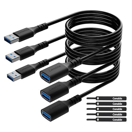 3 Pack USB 3.0 Extension Cable 6 Feet, USB A Male to Female Extender Cord, 5Gbps Data Transfer for Webcam, Printer, Keyboard, Mouse, Flash Drive, Hard Drive, Controller, Black Cable with 5 Cable Ties