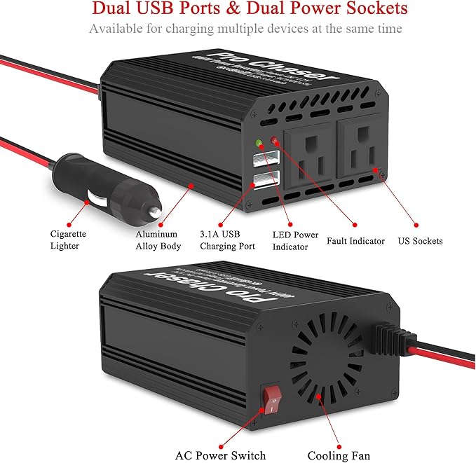 Pro Chaser 400W Car Power Inverter 12V DC to 110V AC Car Truck RV Inverter 6.2A Dual USB Charging Ports for Road Trips (USB C Adaptors Included) (Black)