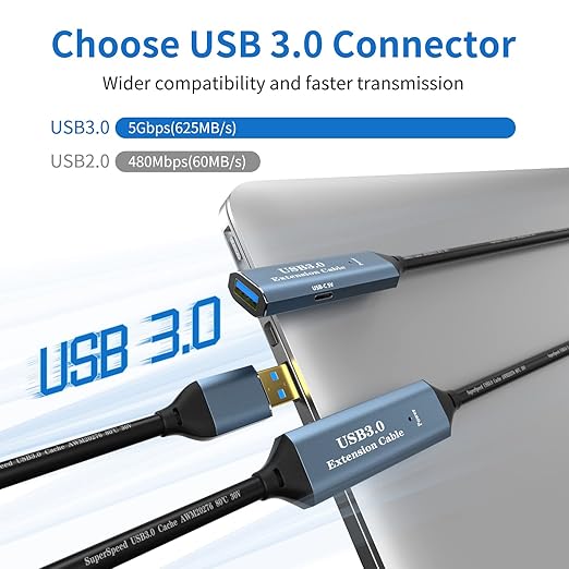 USB 3.0 Extension Cable 33FT Type A Male to Female Active Extender Cord with 2 Extension Chipsets Signal Booster and 1 USB-C Charging Port, for Webcam, USB Hub, PlayStation, Printer, Camera