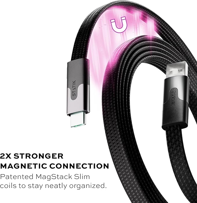 Statik MagStack USB to USB C Cable, Magnetic Anti Tangle Flat A to Type C Charger Fast Charging Cord, Magnetic Charging Cable, Compatible with iPhone 16 Pro Max, 15, Galaxy S24 Ultra, 27W 6FT/2M