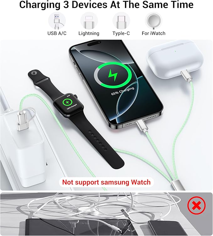 Temdan for Travel Vacation Essentials,3 in 2 USB C Cable for Apple Watch Charger/iPhone 16 Charger/Lightning,Multi Charging Cable Cord,Camping Essentials,Designed for iWatch &iPhone 16-12-4FT Green