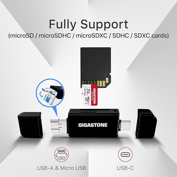 [5-Yrs Free Data Recovery] GIGASTONE 128GB SD Card with USB Type C Card Reader, 4K Camera Pro, A1 V30 U3 SDXC Memory Card Compatible with Canon Digital Camera, with 1 Mini case