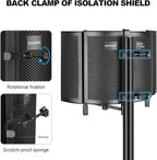 Professional Studio Recording Microphone Isolation Shield, Pop Filter,High density absorbent foam is used to filter vocal. Suitable for Blue Yeti and other condenser microphones (AO-504 With Stand)
