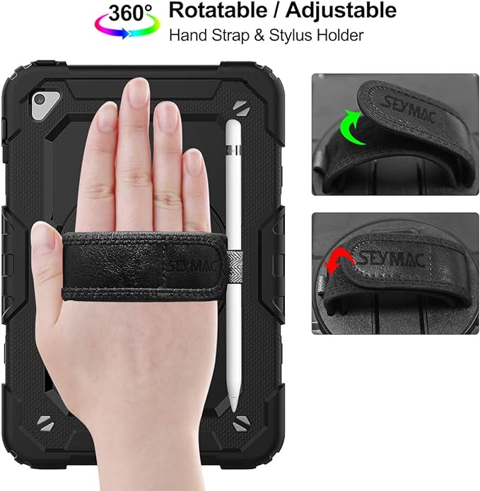 SEYMAC stock Case for iPad mini 5/4 with Screen Protector Pencil Holder [360 Rotating Hand Strap] & Stand, Drop-Proof Case for iPad mini 5th/4th Generation 7.9 inch (Black)