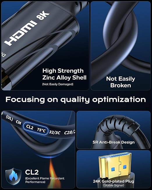8K Long Fiber Optic HDMI Cable 75FT/22M - 48Gbps High-Speed HDMI Cord,CL2,8K 60Hz,4K120Hz,HDCP 2.2&2.3, HDR10 - Compatible with HDTV,Monitor,Projector