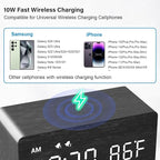 MOSITO Digital Wooden Alarm Clock with Wireless Charging, 0-100% Dimmer, Dual Alarm, Weekday/Weekend Mode, Snooze, Wood LED Clocks for Bedroom, Bedside, Desk, Kids (Black)