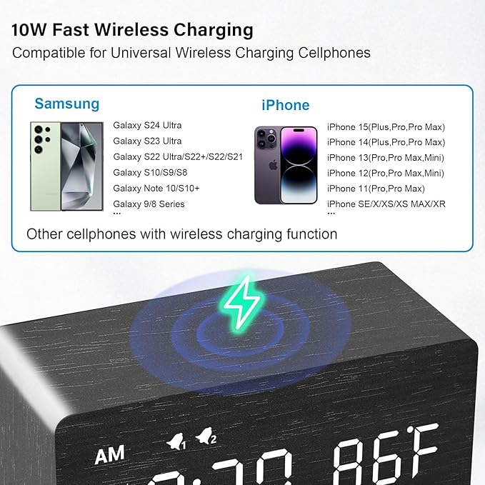 MOSITO Digital Wooden Alarm Clock with Wireless Charging, 0-100% Dimmer, Dual Alarm, Weekday/Weekend Mode, Snooze, Wood LED Clocks for Bedroom, Bedside, Desk, Kids (Black)