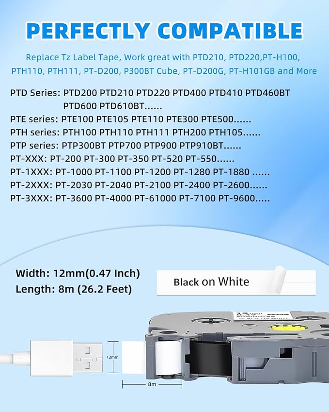 20-Pack Label Maker Tape Refills Replace for TZe-231 12mm 0.47 Laminated White Tze Tz Tape Compatible with Brother P Touch Label Maker PT-D210 PT-H110 PT-D220 PT-1880 1180 2030 Black Ink on White