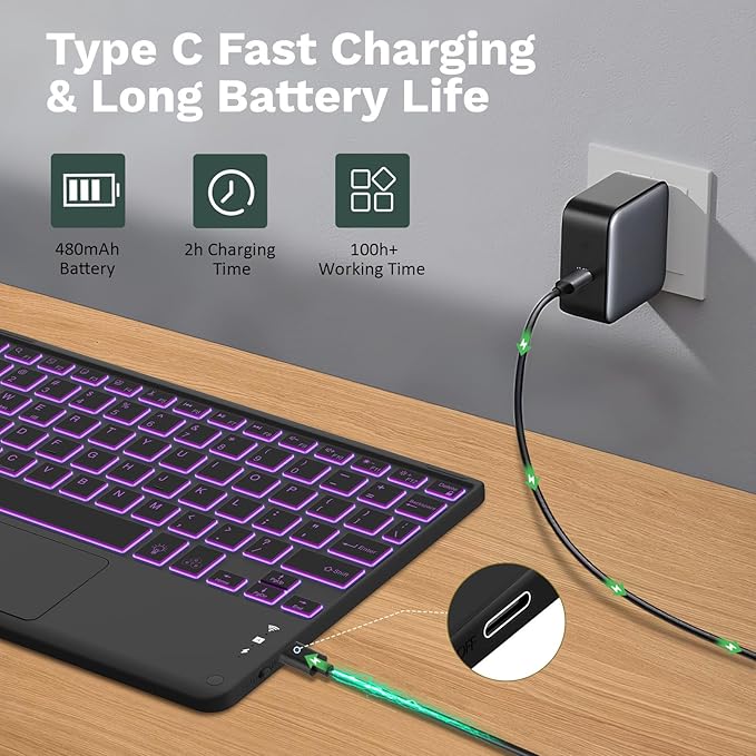 MoKo Touch Keyboard Case for iPad (A16) 11th Generation 11 inch 2025,iPad 10th Generation 10.9 inch Case with Pencil Holder,7 Colors Backlit Multi-TrackPad Detachable Bluetooth Keyboard,Midnight Green