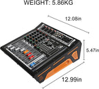 Audio Mixer 4 Channel, DJ Mixer with Power Amplifier, Audio Sound Card with 48V Phantom Power, Usb Audio Interface, Sounds Mixer Board with 99 DSP FX Reverb Delay Effect for Streaming