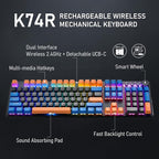 iRocks K74R Wireless RGB Illuminated Mechanical Gaming Keyboard, Hot-Swappable Switches, Floating Design, PBT 107 Keys NKRO, Detachable USB-C Cable - Midsummer Black (Brown Switches)