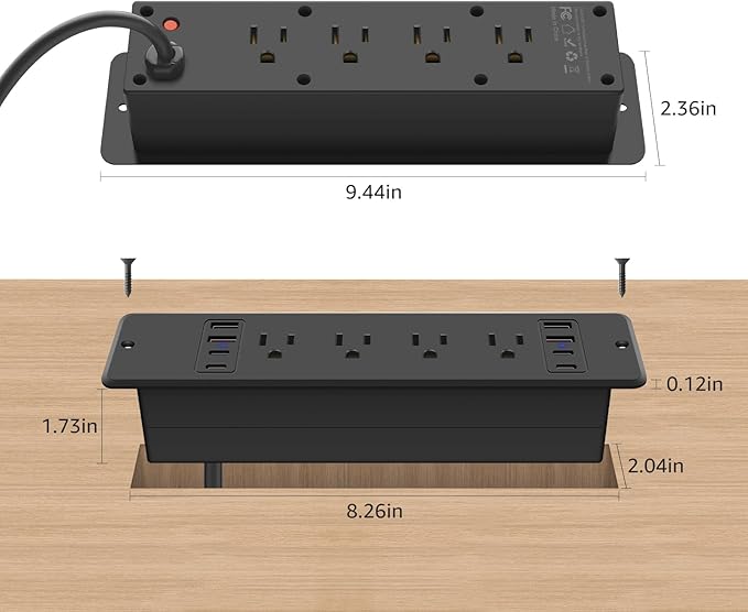 HHSOET 8 Outlet Recessed Power Strip, 30W Fast Charging Furniture Power Outlet USB C, Flush Mount Surge Protection Socket with 4 USB-A and 4 USB-C, 6ft Power Cord. (Black)