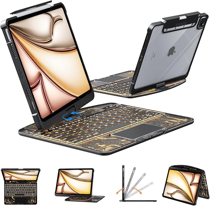 Transparent 360 for iPad keyboard case with Wireless Keyboard for iPad Air 13 inch(M3/M2, 2025/2024), Trackpad, 7 Color Backlight, 360° Rotating Stand for iPad Pro 12.9" 2018-2022(6/5/4/3 Gen)
