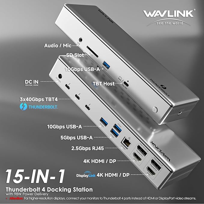 Thunderbolt 4 Dock, WAVLINK Docking Station with Quad 4K@60Hz Monitors, Four Thunderbolt 4 Ports, 98W PD, 2.5G RJ45 Ethernet, SD V4.0, 10Gbps USB3.1, for MacBook Pro/Air etc