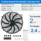 2PCS 16 Inch Universal Slim Fan Push Pull Electric Radiator Cooling 12V 120W Mount Kit Black