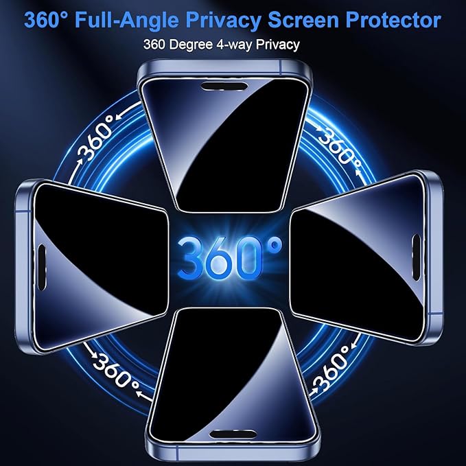 OneFish for iPhone 15 Pro Privacy Screen Protector, 4-Way 360° Anti-Spy Tempered Glass, 9H Hardness, HD Clear Anti-Fingerprint 3D Curved Edges, Case-Friendly & Easy Installation [2 Pack]