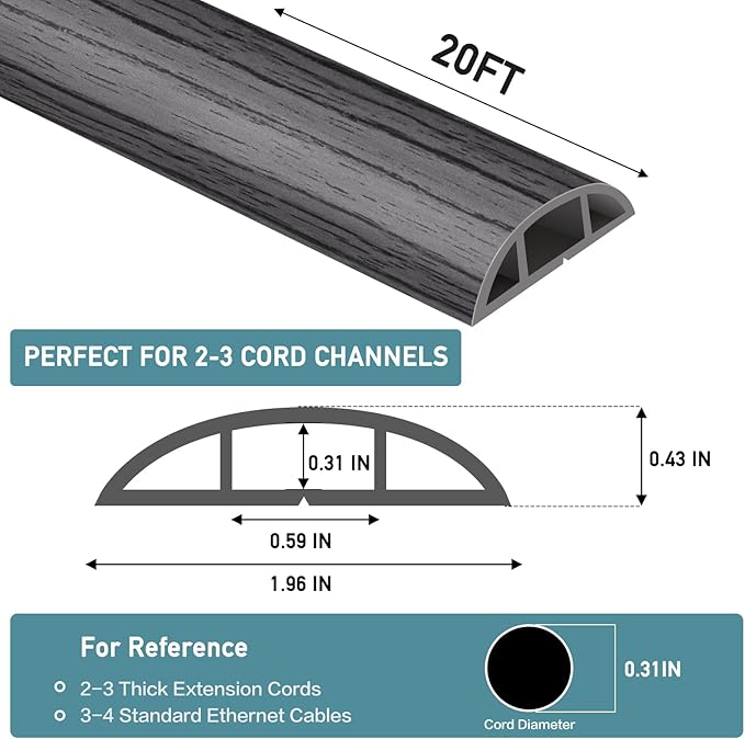 Floor Cord Cover Self Adhesive Cord Hider Floor Extension Cord Covers for Floor Power Cord Protector Cable Management Prevent Cable Trips Cable Cavity 0.59" W x 0.31" H (Deep Grey Wood, 20Ft)