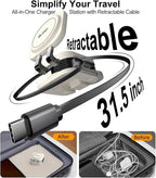 2025 Retractable 3 in 1 Charging Station for Apple,15W Fast for MagSafe Magnetic Wireless Charger with Retractable Cable, Foldable Travel Stand for iPhone 16 15 14 13 12 Pro Max iWatch Airpods